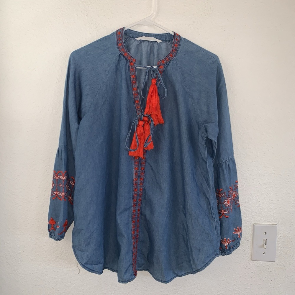 Women Embroidered Tunic Top Orange Tassel Boho Peasant‎ Long Sleeve - Picture 2 of 8